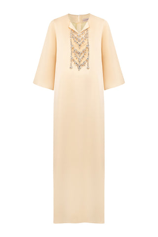 Como Cream Gold and Silver Embroidery Crystals Silk Kaftan