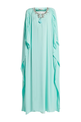 Portofino Turquoise Tassels Mirrored glass crystals Silk Kaftan
