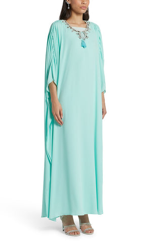 Portofino Turquoise Tassels Mirrored glass crystals Silk Kaftan