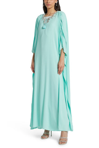 Portofino Turquoise Tassels Mirrored glass crystals Silk Kaftan