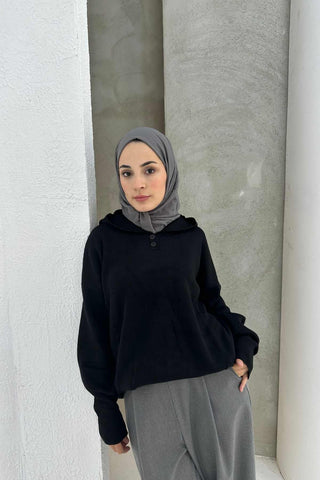 Buttoned Hoodie Sweater – Black
