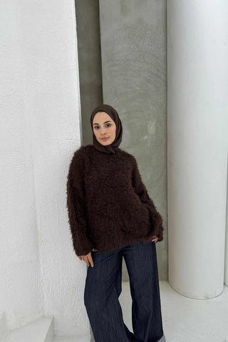 Fuzzy Plain Textured Sweater – Brown