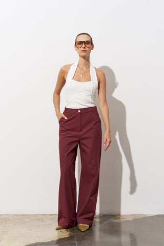 GİLLY Wide-Leg Bordeaux Cotton Trousers