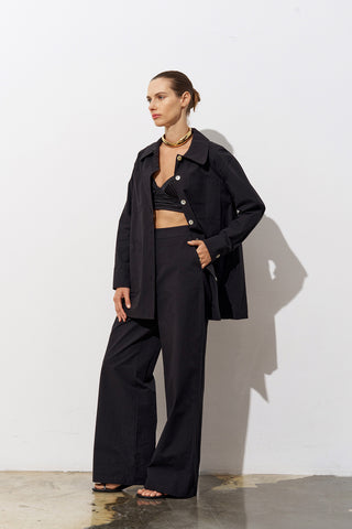 GİLLY Wide-Leg Black Cotton Trousers