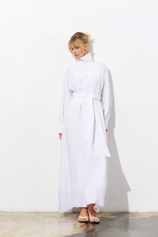 ERICA Elegant White Maxi Dress with Gathered Neck