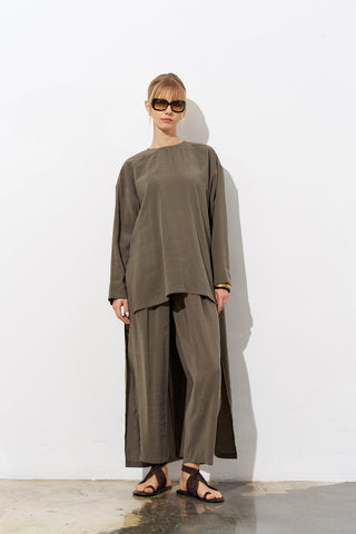 Astra Modal Set with Asymmetric Tunic - Khaki