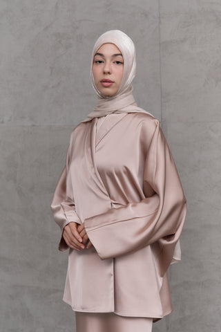 Elegant Blush Beige Two-Piece Kimono Set