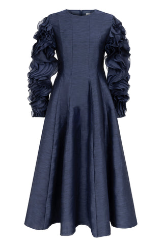 Indigo Silk-Linen Dress with Sculptural Ruffle Sleeves