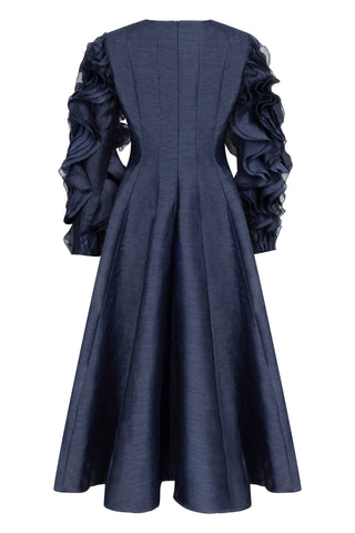 Indigo Silk-Linen Dress with Sculptural Ruffle Sleeves