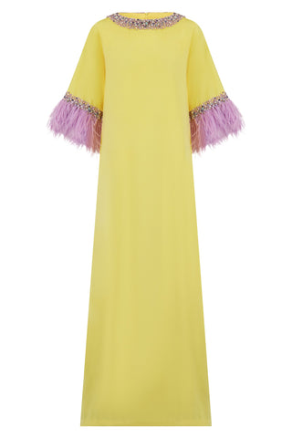 Mercury Yellow ostrich feather details silk crepe