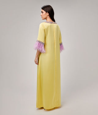 Mercury Yellow ostrich feather details silk crepe