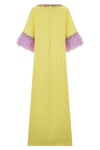 Mercury Yellow ostrich feather details silk crepe