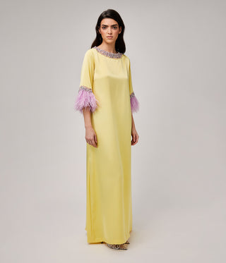Mercury Yellow ostrich feather details silk crepe