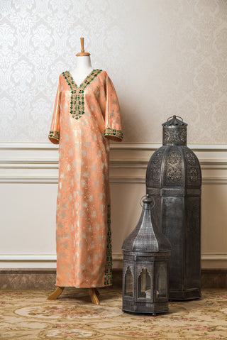 Peach Jacquard Silk Kaftan with Gold Leaf Motif and Green Thread Embroidery