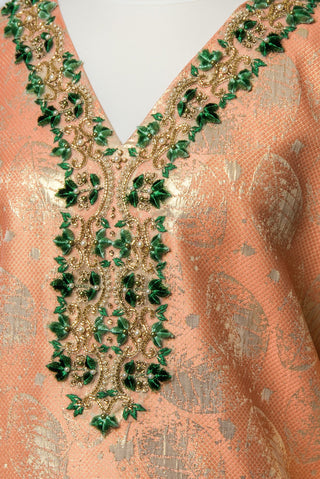 Peach Jacquard Silk Kaftan with Gold Leaf Motif and Green Thread Embroidery