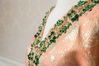 Peach Jacquard Silk Kaftan with Gold Leaf Motif and Green Thread Embroidery