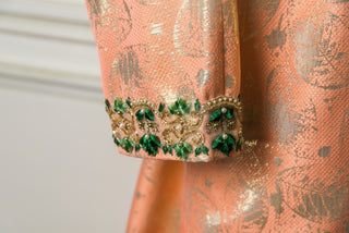 Peach Jacquard Silk Kaftan with Gold Leaf Motif and Green Thread Embroidery