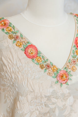 Cream Jacquard Silk Kaftan with Gold Leaf Motif