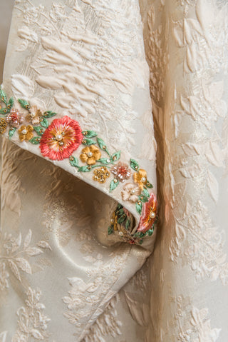 Cream Jacquard Silk Kaftan with Gold Leaf Motif