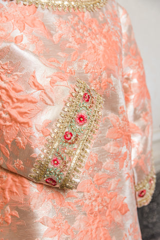 Peach & Gold Maharaja Jacquard Silk Kaftan with Embroidery