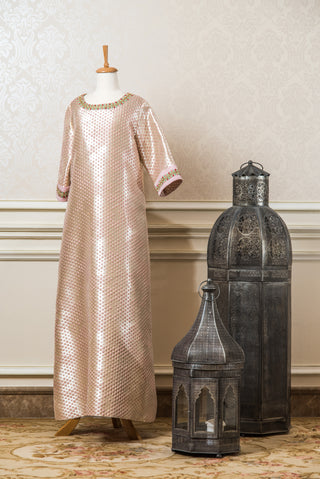 Pink Jacquard Silk Kaftan with Embroidery