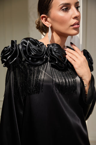 Satin Rose Detail Dress – Black