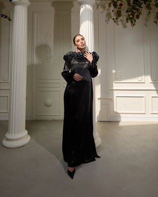 Satin Rose Detail Dress – Black