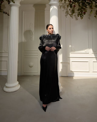 Satin Rose Detail Dress – Black