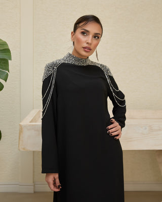 Crystal Draped Shoulder Dress – Black