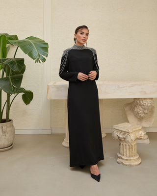 Crystal Draped Shoulder Dress – Black