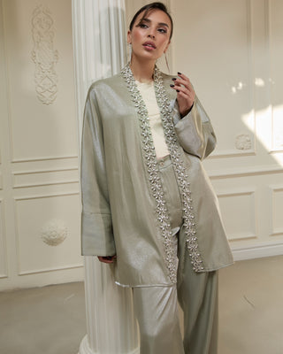Embellished Kimono Suit – Metallic Green