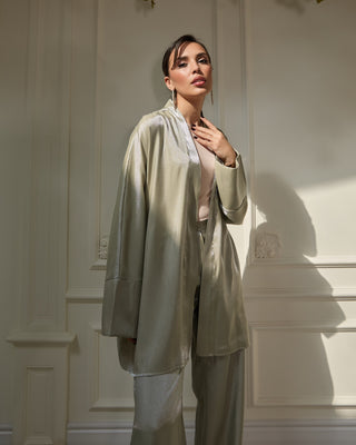 Shimmer Satin Kimono Suit – Metallic Green