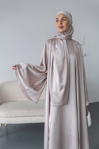 Satin Butterfly Abaya Set with Inner Dress and Scarf