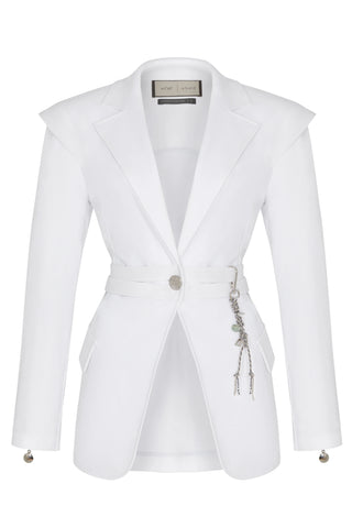 Catalina Belted Blazer with Chain Detail – White