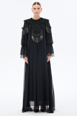 Embellished Black Oversized Chiffon Maxi Dress