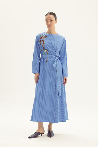 Abrienda Embroidered Striped Dress - Blue