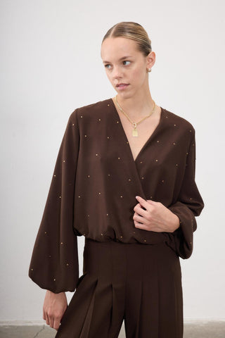 Altun Embellished Wrap Blouse – Brown