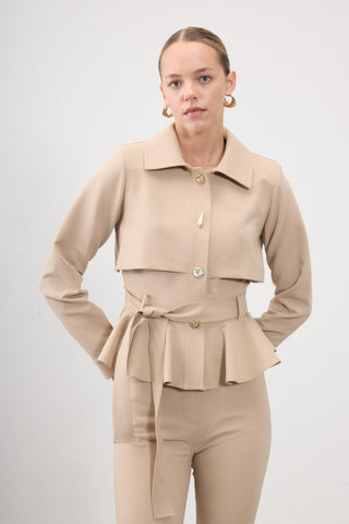 Anni Peplum Belted Buttoned Jacket – Beige