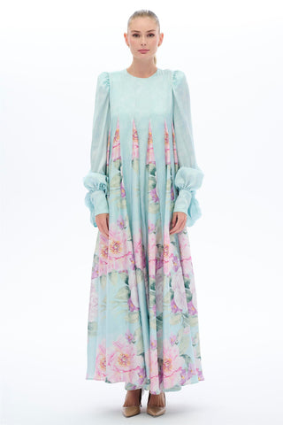 Mint Floral-Panel Pleated Maxi Dress