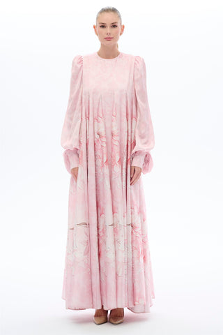 Pink Floral-Panel Pleated Maxi Dress