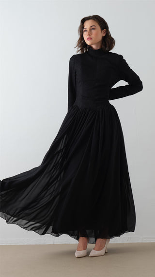 Turtleneck Crepe Chiffon Maxi Dress – Black