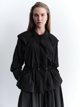 Drawstring-Waist Short Rain Jacket – Black