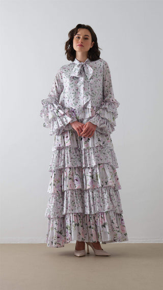 Layered Floral Modest Dress - Lilac