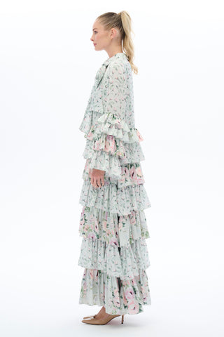 Layered Floral Modest Dress - Mint