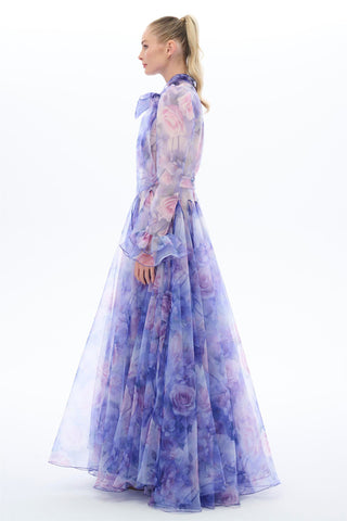 Lilac Floral Organza Bow Maxi Dress