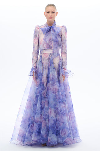Lilac Floral Organza Bow Maxi Dress