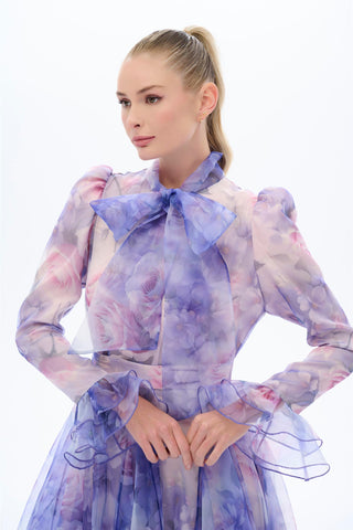 Lilac Floral Organza Bow Maxi Dress