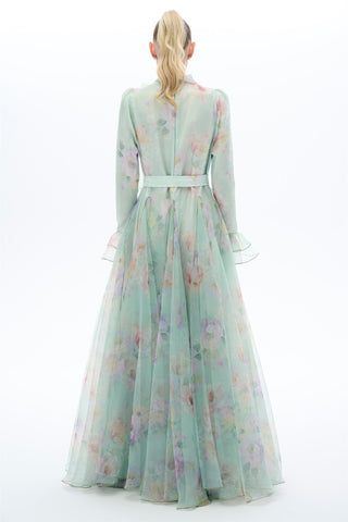Mint Floral Organza Bow Maxi Dress