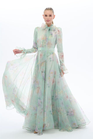 Mint Floral Organza Bow Maxi Dress