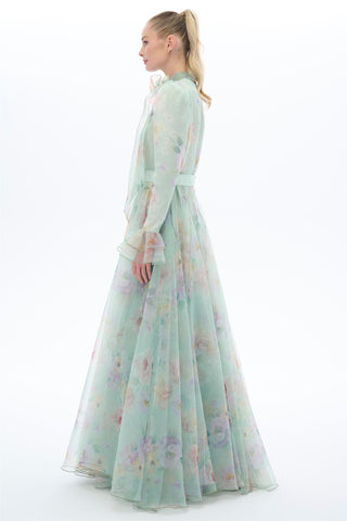 Mint Floral Organza Bow Maxi Dress